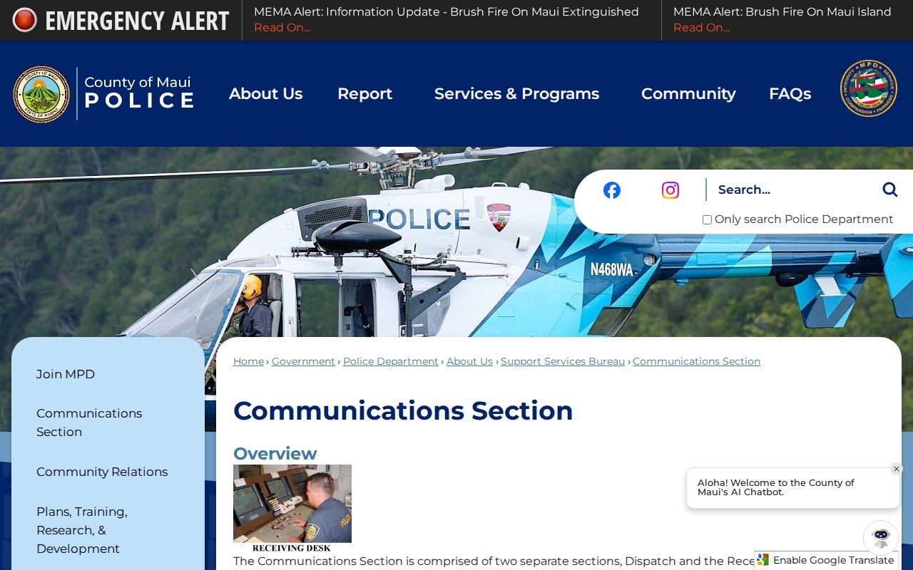 Maui Police Communications Section central booking information