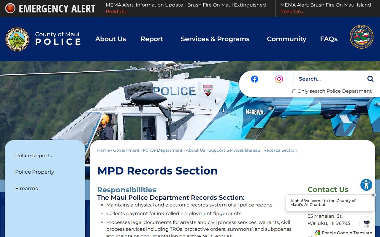 Maui Police Records Section and Molokai Station contact information