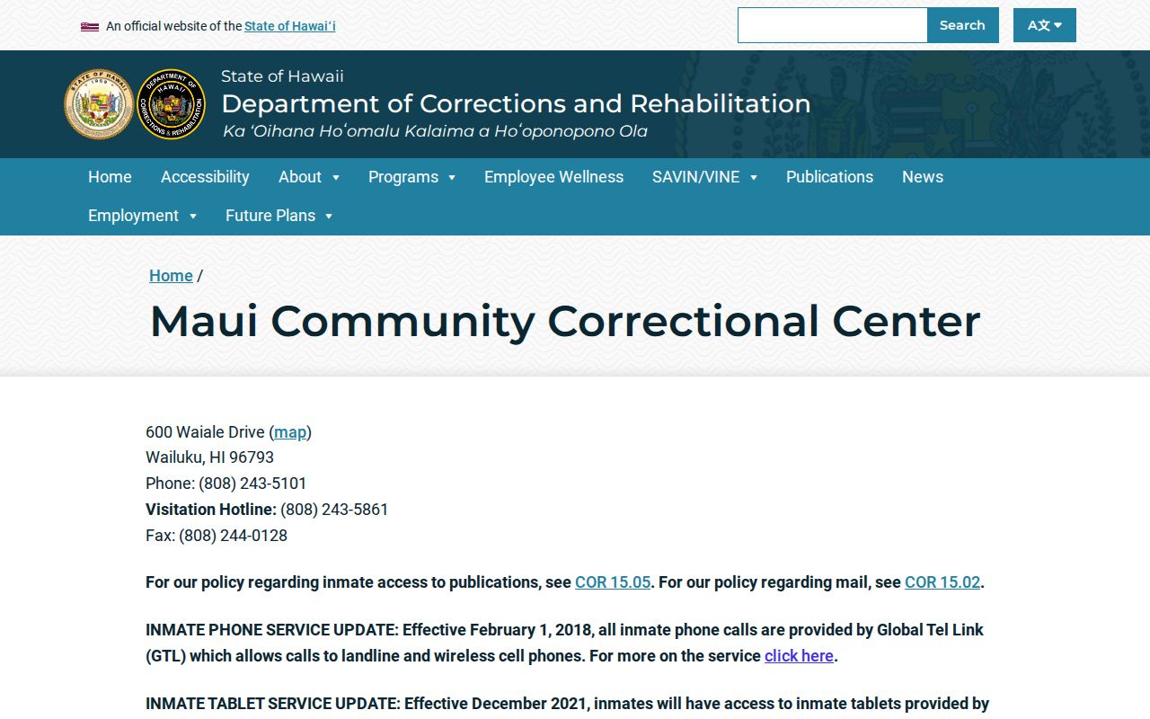 Maui Community Correctional Center state jail information