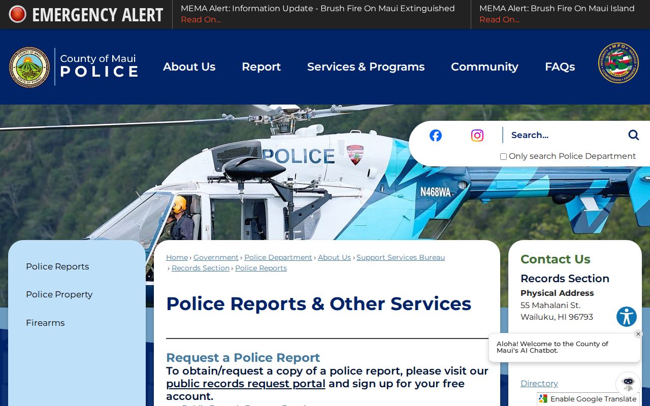Maui Police report request instructions used for Kalawao mutual-aid arrests