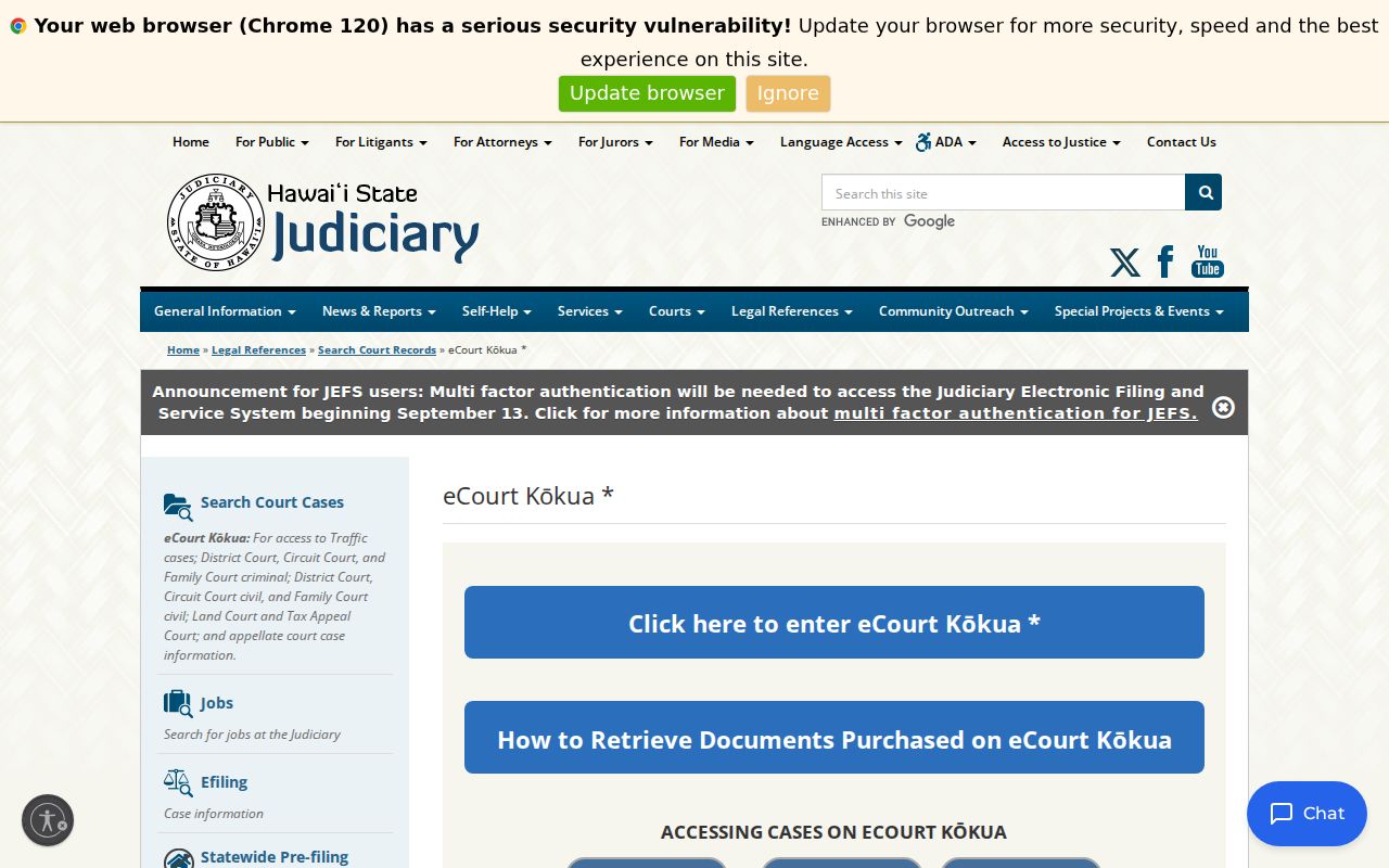 Hawaii Judiciary eCourt Kōkua case-search entry page