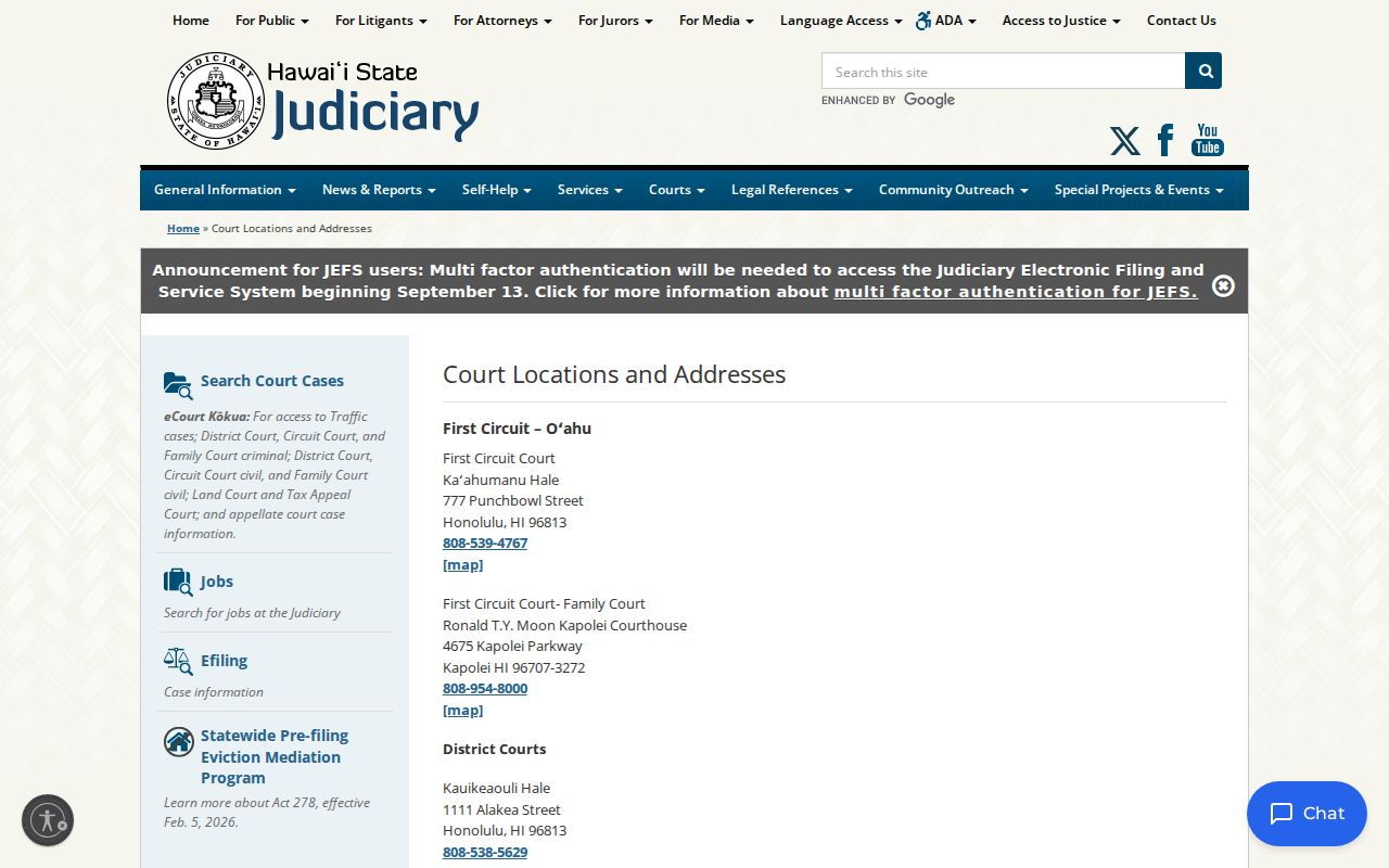 Hawaii Judiciary court locations for Molokai and the Second Circuit