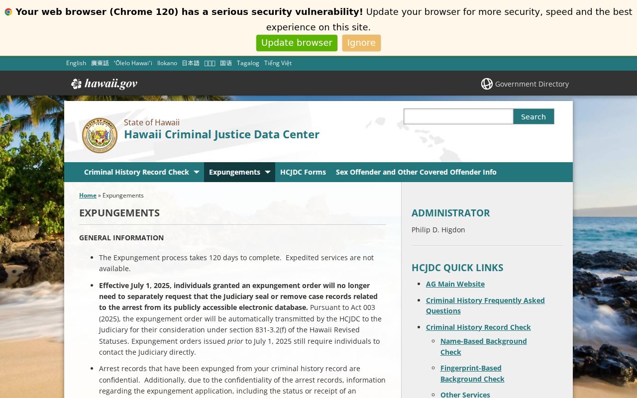 Hawaii Criminal Justice Data Center expungement information page
