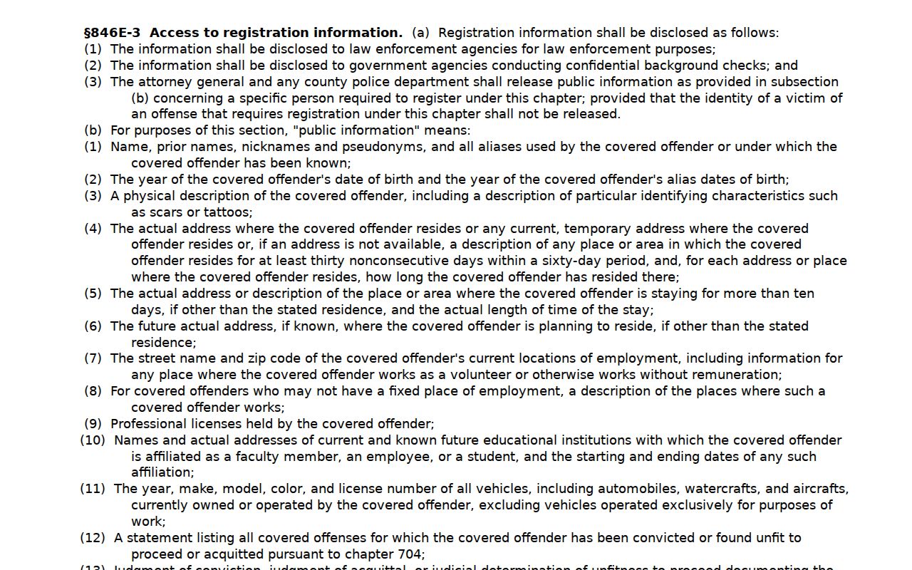 Kalawao County sex offender registry public profile fields under Hawaii law
