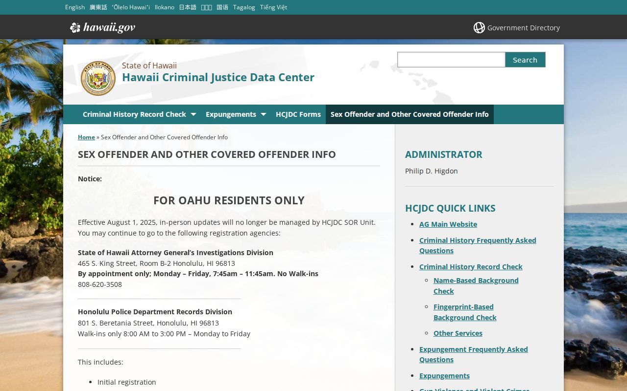 Kalawao County sex offender search HCJDC registry information