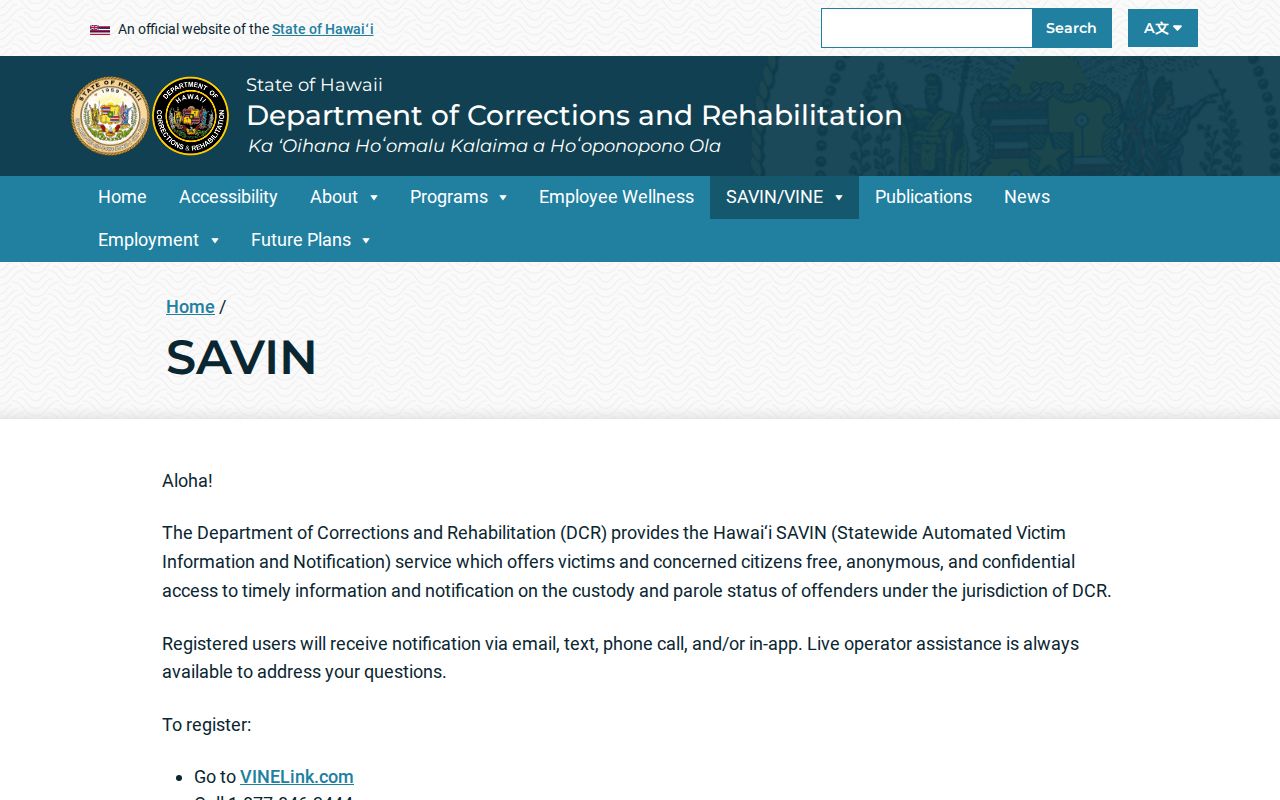Hawaii SAVIN and VINELink custody notification information