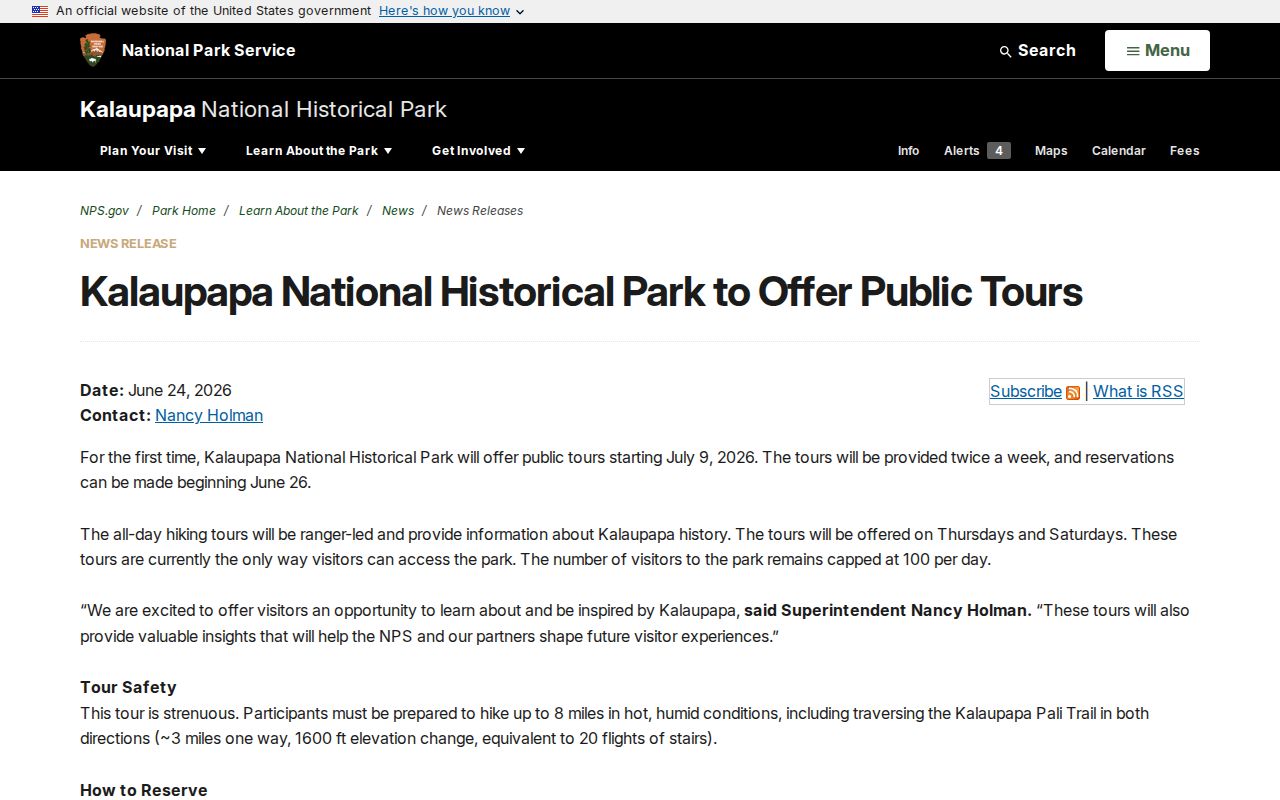 National Park Service 2026 Kalaupapa public tours announcement