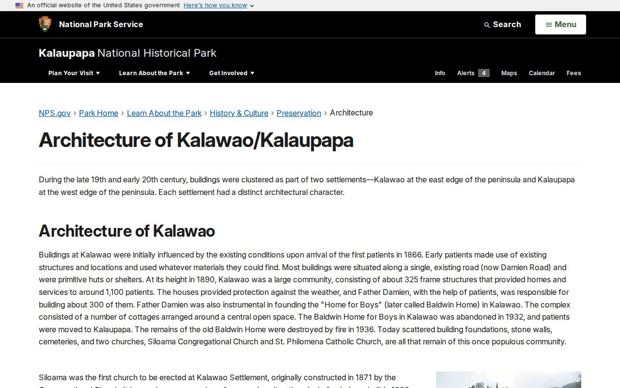 National Park Service history of Kalawao and Kalaupapa architecture