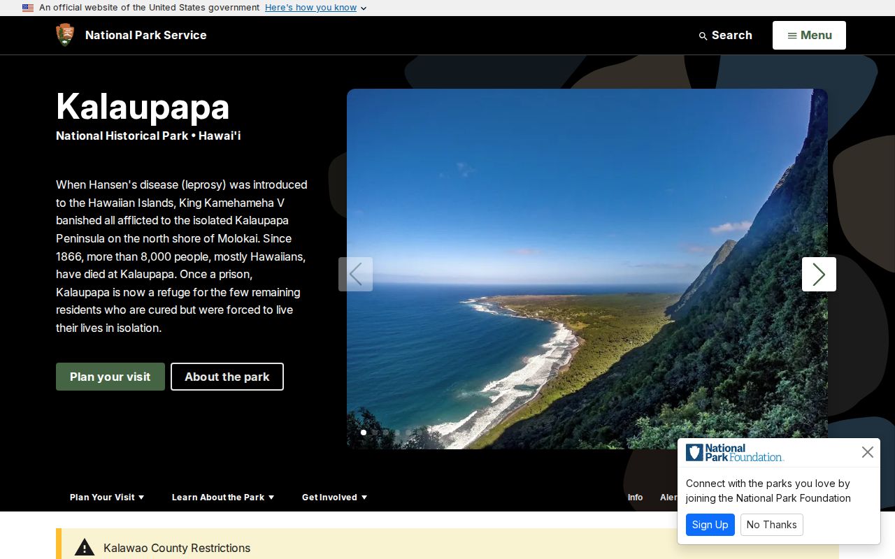 Kalaupapa National Historical Park official information page